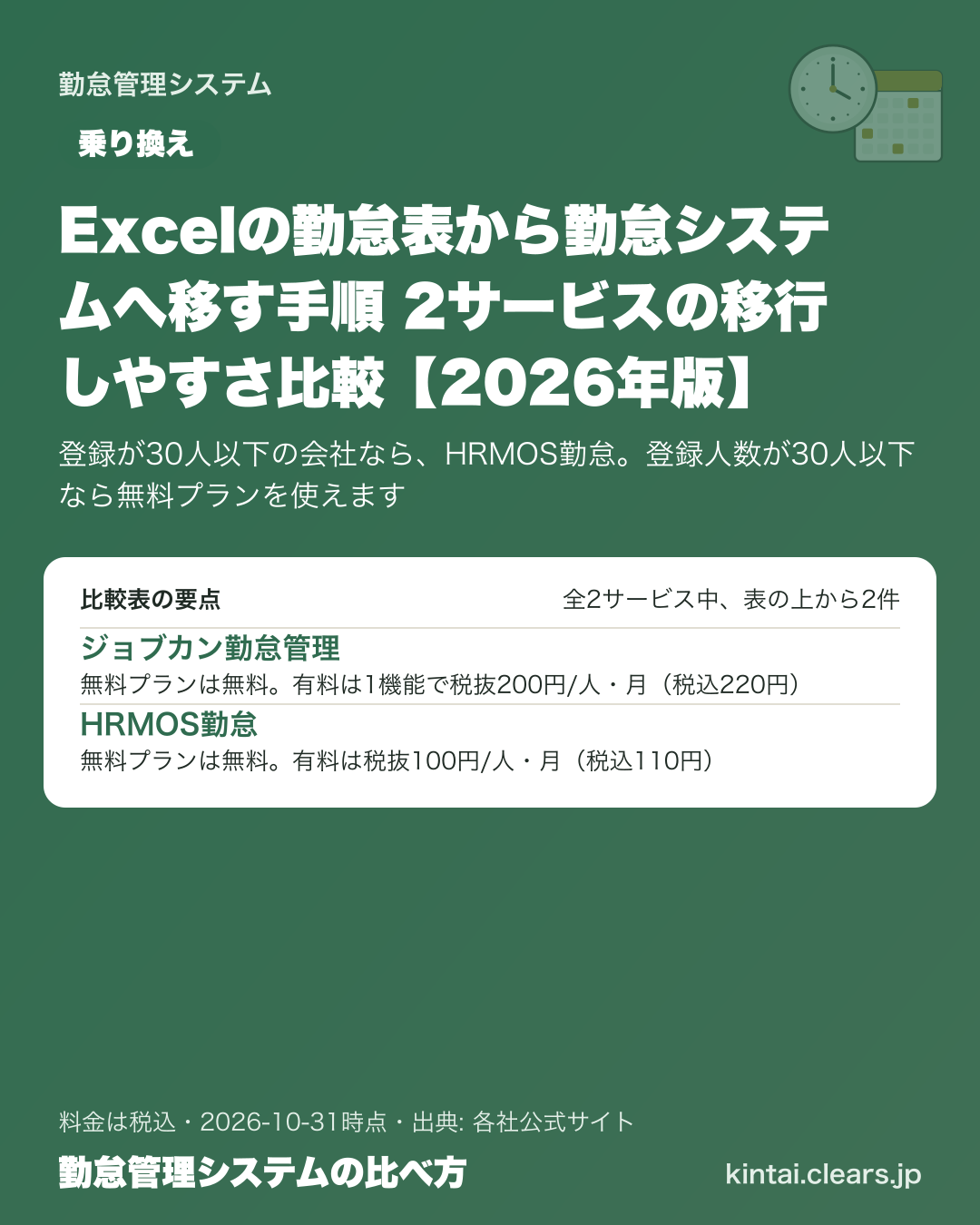 Excelの勤怠表から勤怠システムへ移す手順 2サービスの移行しやすさ比較【2026年版】の比較表の要点