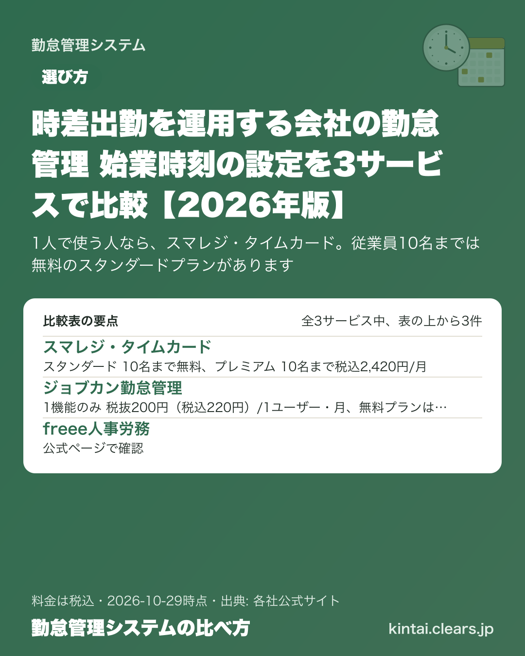 時差出勤を運用する会社の勤怠管理 始業時刻の設定を3サービスで比較【2026年版】の比較表の要点